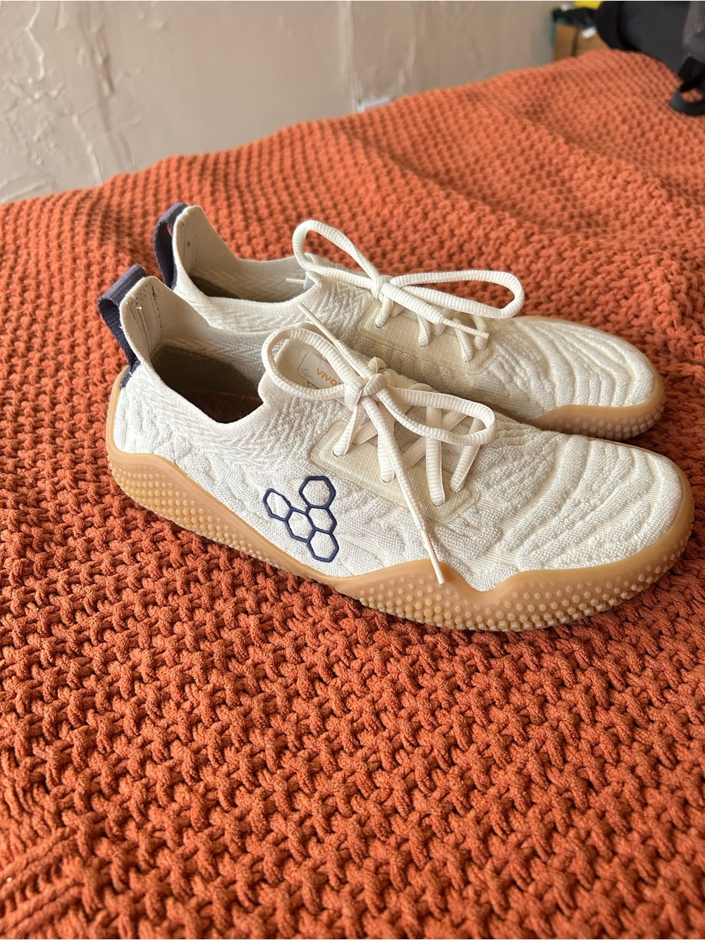Vivo Barefoot Cream Knit Sneakers with Gum Sole and Navy Accent